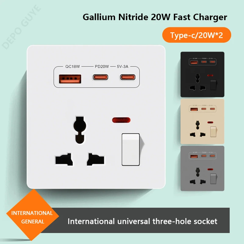 Electronics Gadgets For Home - ปลั๊กไฟติดผนัง 3 พินแบบสากลพร้อมพอร์ต USB Type-C ชาร์จเร็ว